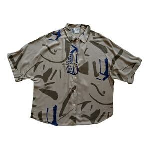 Women's Rafaella Artistic Button Up Top, Size 030, Olive & Navy, Vintage